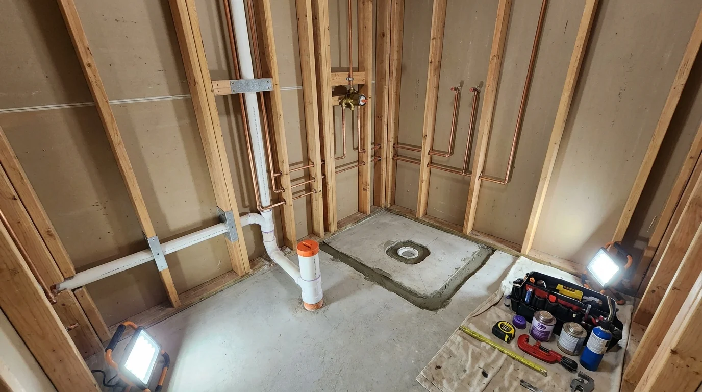 Bathroom rough-in plumbing during remodel by Johns Plumbing LLC in Lakewood