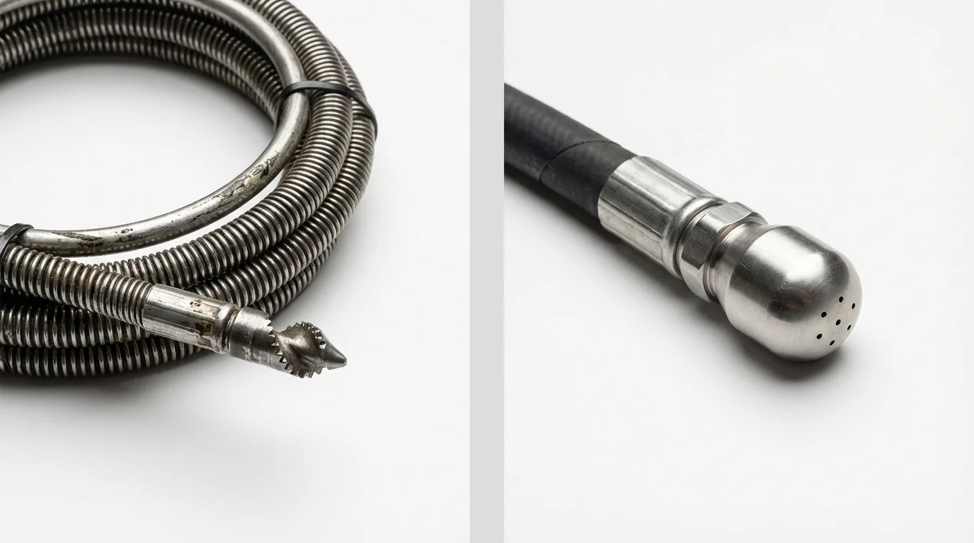 Drain snake cable and hydro jetting nozzle used for drain cleaning in Lakewood, CA