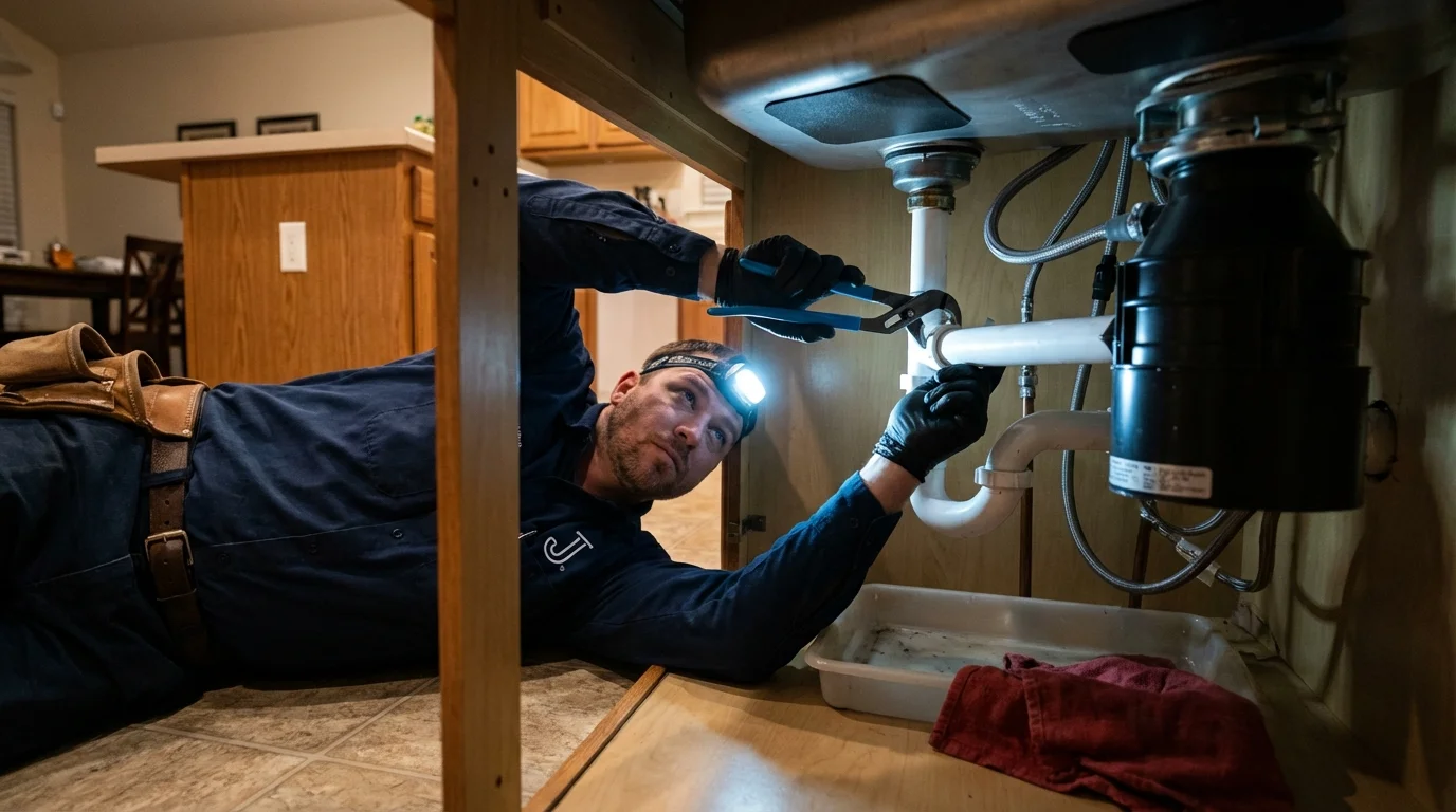 P-trap and supply line connections under a kitchen sink showing a common leak point in Lakewood, CA